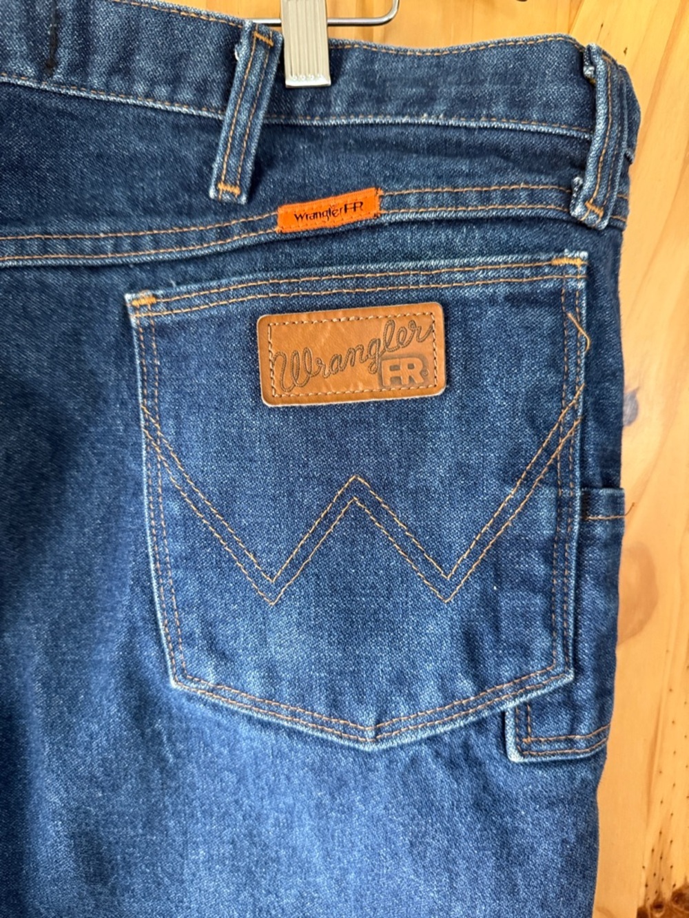Wrangler FR Dark Blue Denim Jeans with Tan Leather Patch